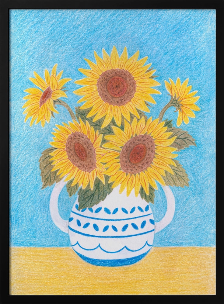 Buntstiftzeichnung von Sonnenblumen in blau-weißem Krug vor hellblauem Hintergrund