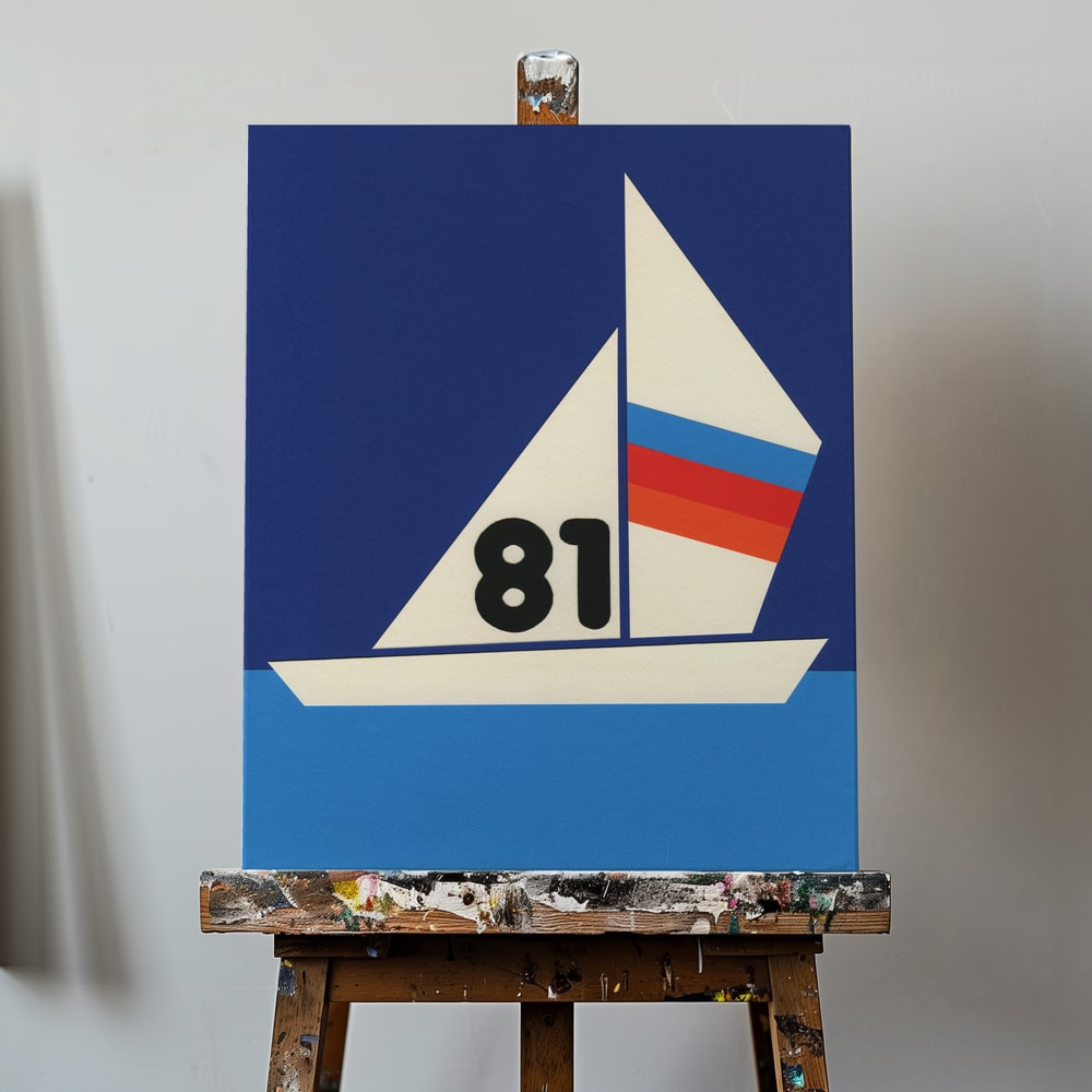 Grafische Illustration eines Segelboots mit Nummer 81 und gestreiftem Segel auf blauem Wasser