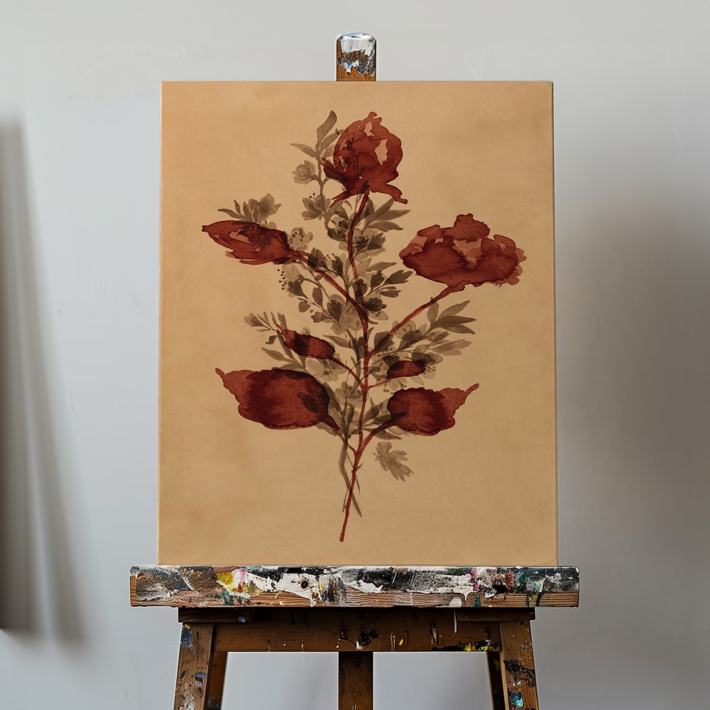 Gemalter Blumenzweig mit rostroten Blüten auf ockerfarbenem Papier