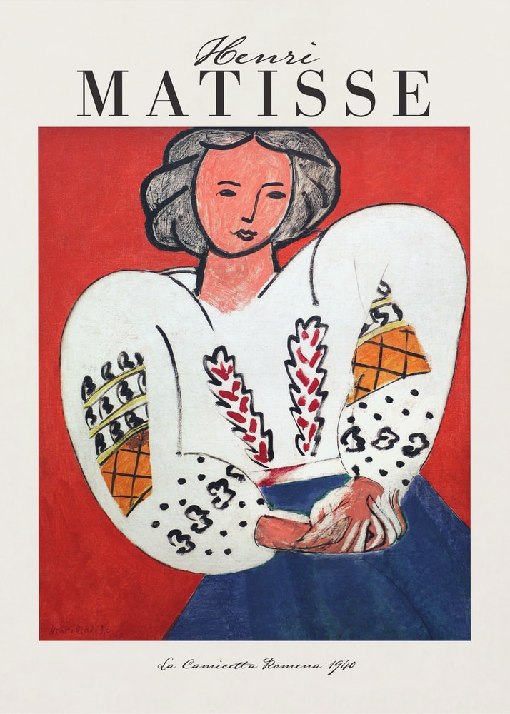 Ausstellungsplakat Henri Matisse mit Frau in bestickter weißer Bluse vor rotem Hintergrund