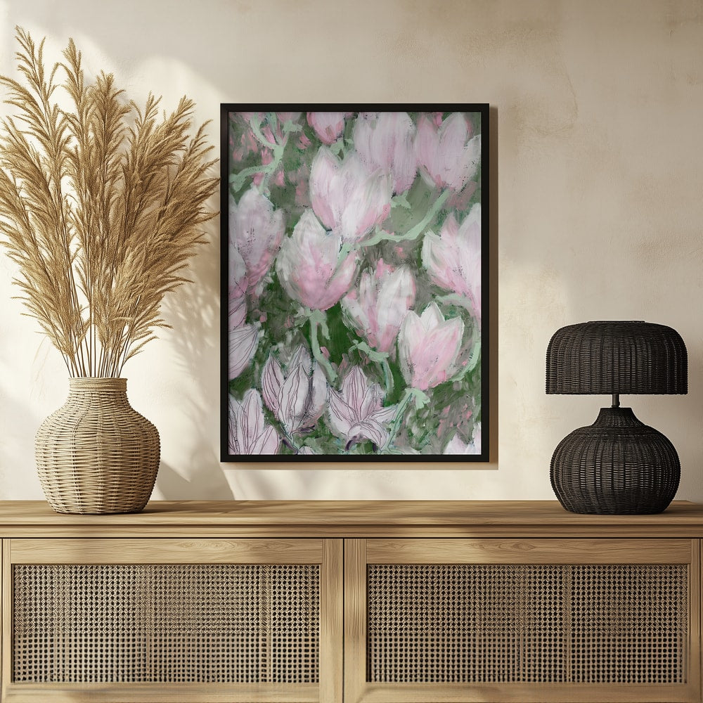 Gemälde blassrosa Magnolienblüten zwischen grünen Blättern