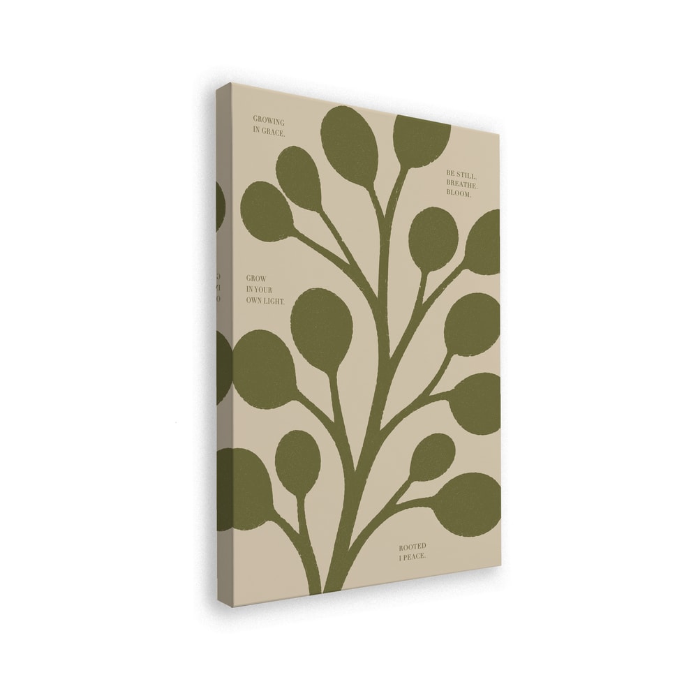 Stilisierter grüner Zweig mit runden Blättern auf Beige mit kleinen Textzeilen