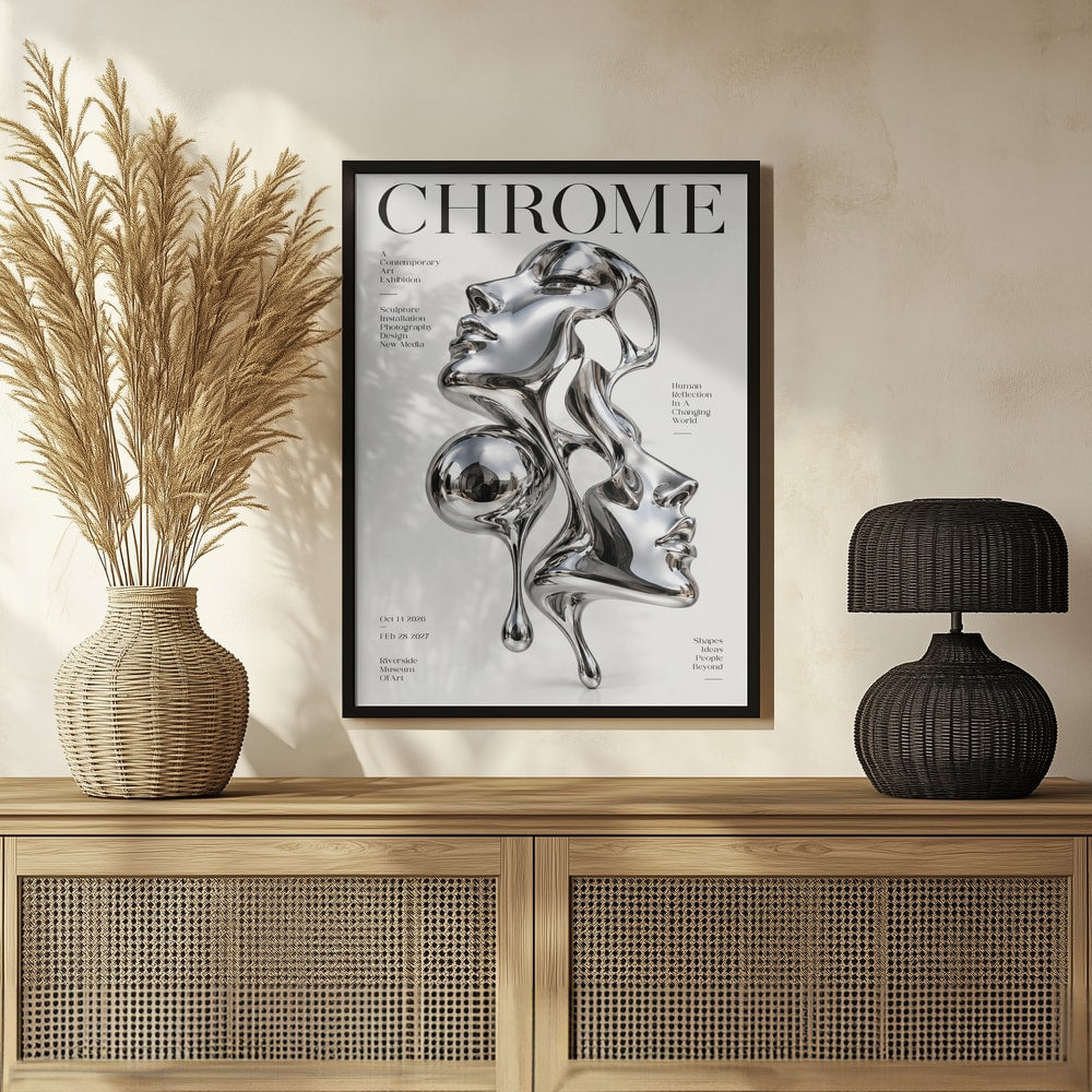 Ausstellungsplakat mit dem Schriftzug Chrome und einer Skulptur aus zwei verschmelzenden Chrom-Gesichtern