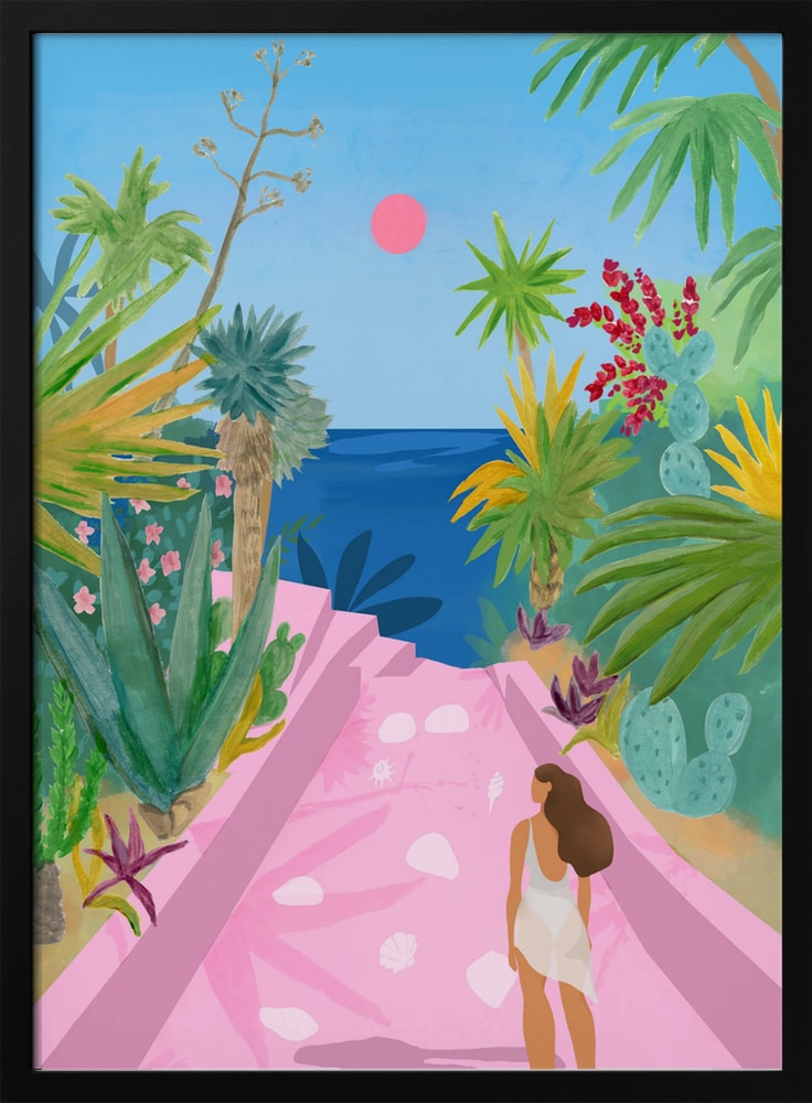 Illustration eines rosa Wegs zwischen tropischen Pflanzen zum blauen Meer mit Frau im weißen Kleid