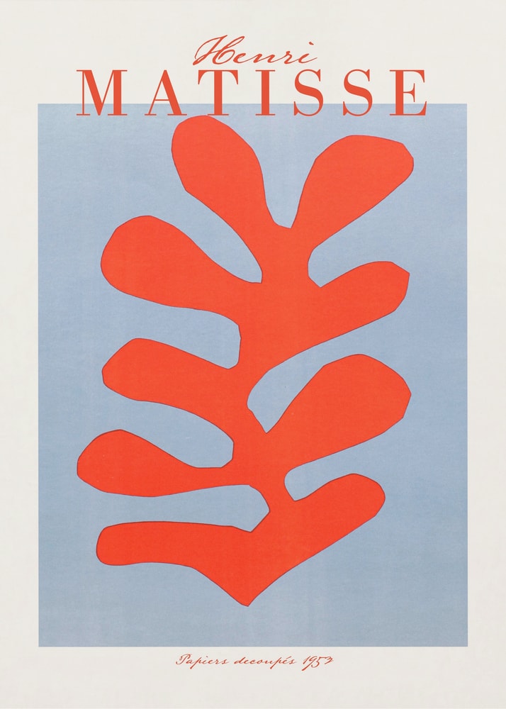 Ausstellungsplakat Henri Matisse mit korallenrotem Scherenschnitt-Blatt auf hellblauem Grund, roter Schriftzug