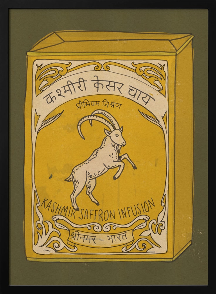 Illustration einer gelben Vintage-Teedose mit Steinbock und Schriftzug Kashmir Saffron Infusion
