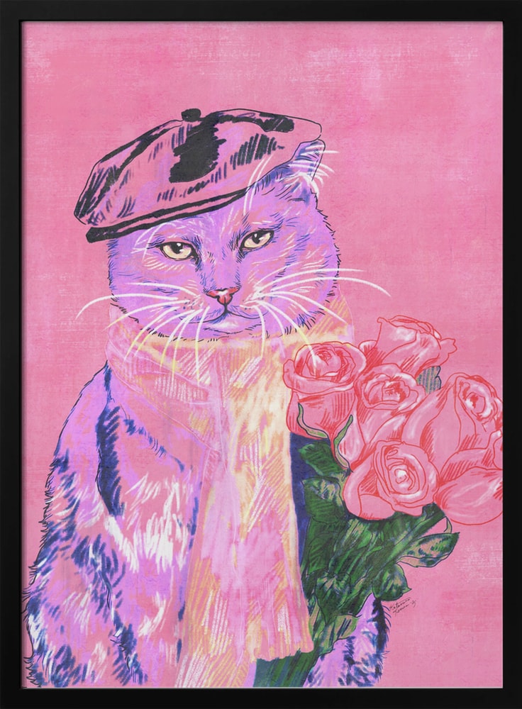 Katze mit Baskenmütze und Rosen