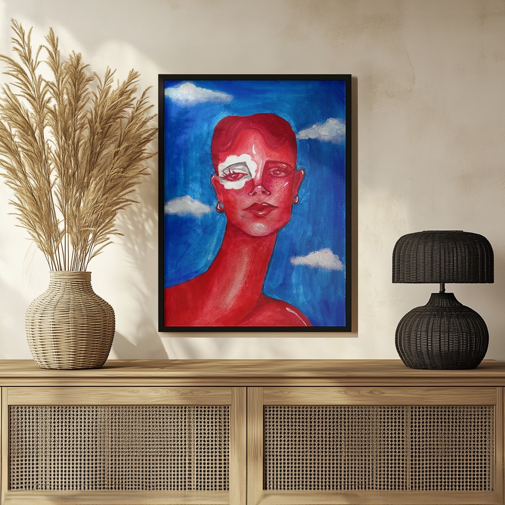 Surreales Porträt einer Frau in Rot vor blauem Himmel mit Wolken