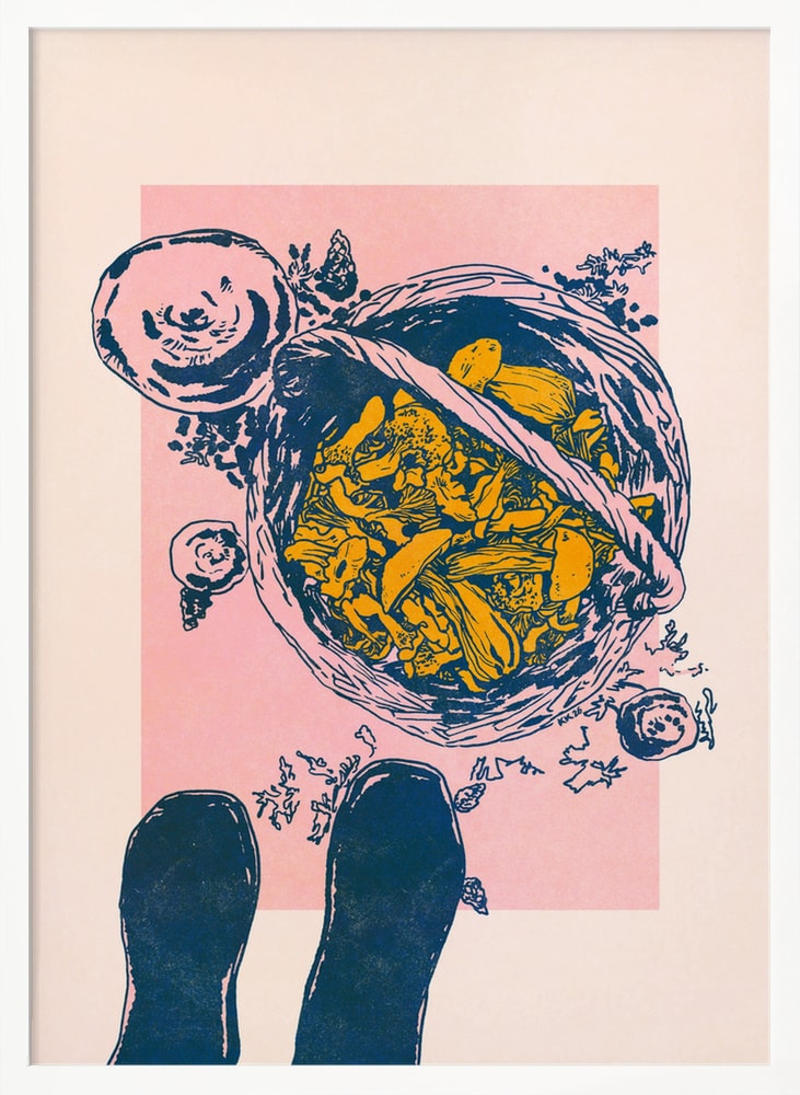 Illustration eines Korbs mit gelben Pilzen und zwei Gummistiefeln von oben auf rosa Hintergrund