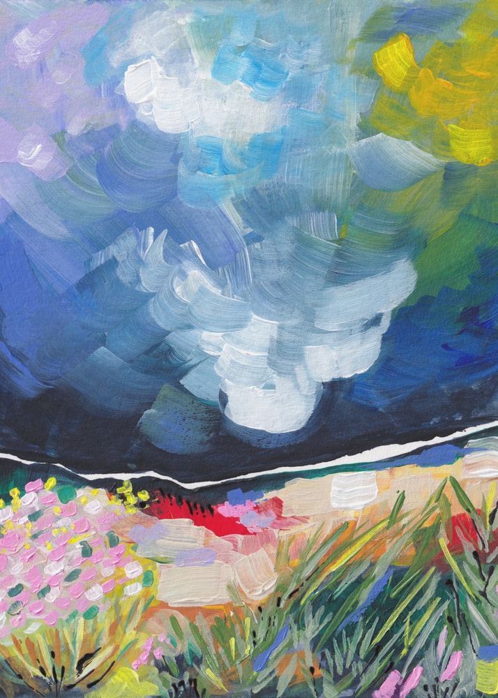 Expressives Gemälde einer bunten Blumenwiese unter blau-weißem Wolkenhimmel