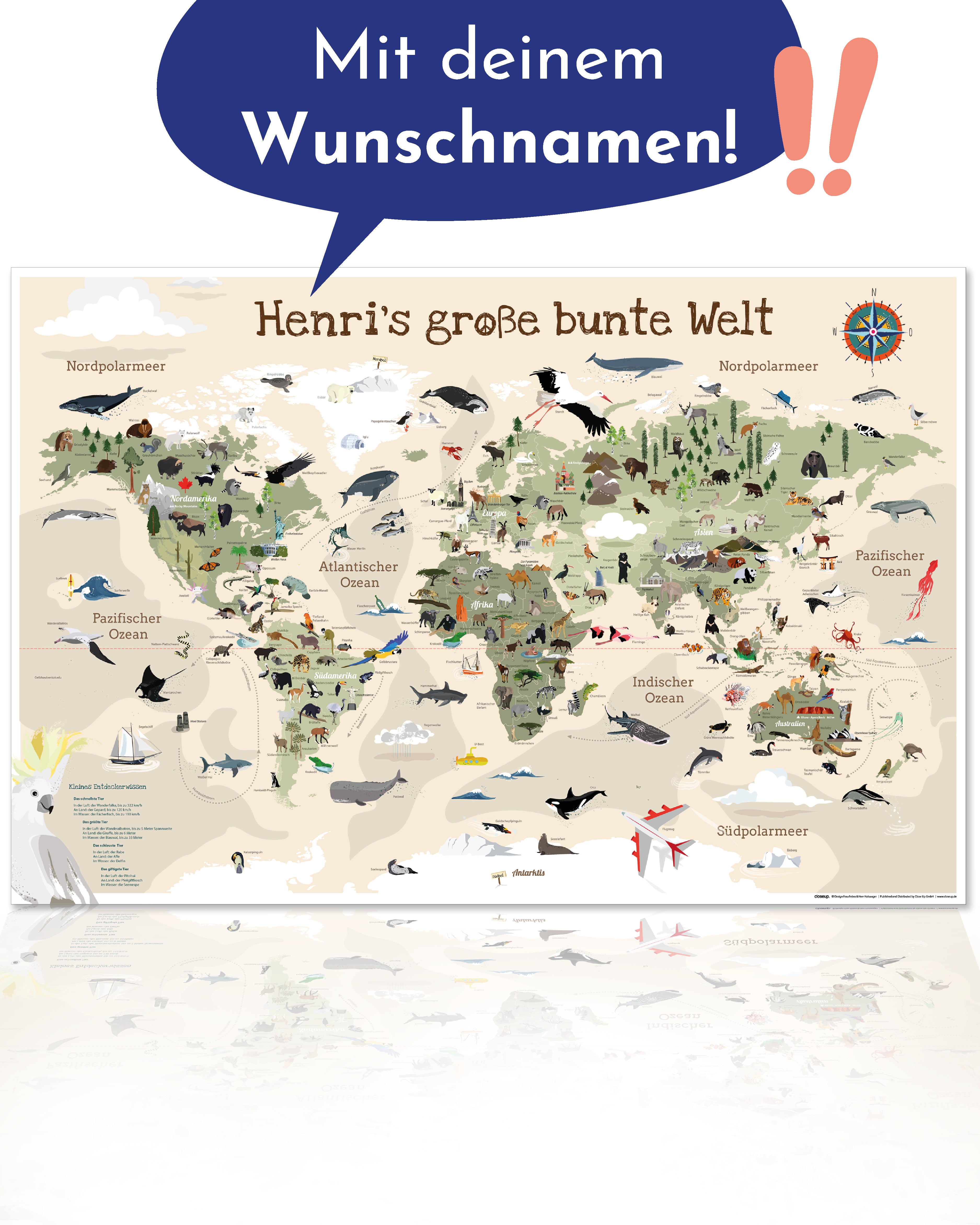 Kinder Weltkarte Beige personalisiert - 60 x 40cm