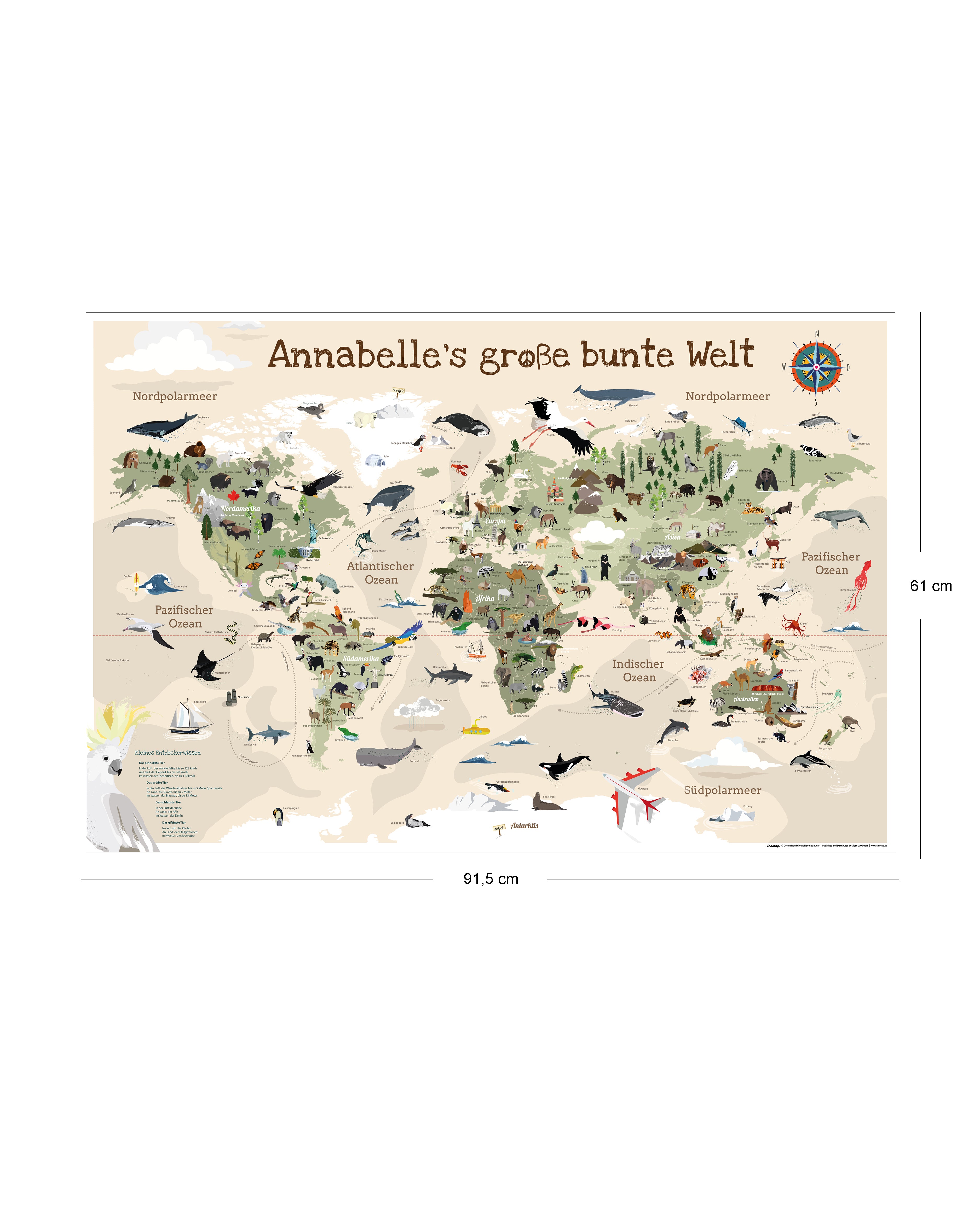 Kinder Weltkarte Beige personalisiert - 60 x 40cm