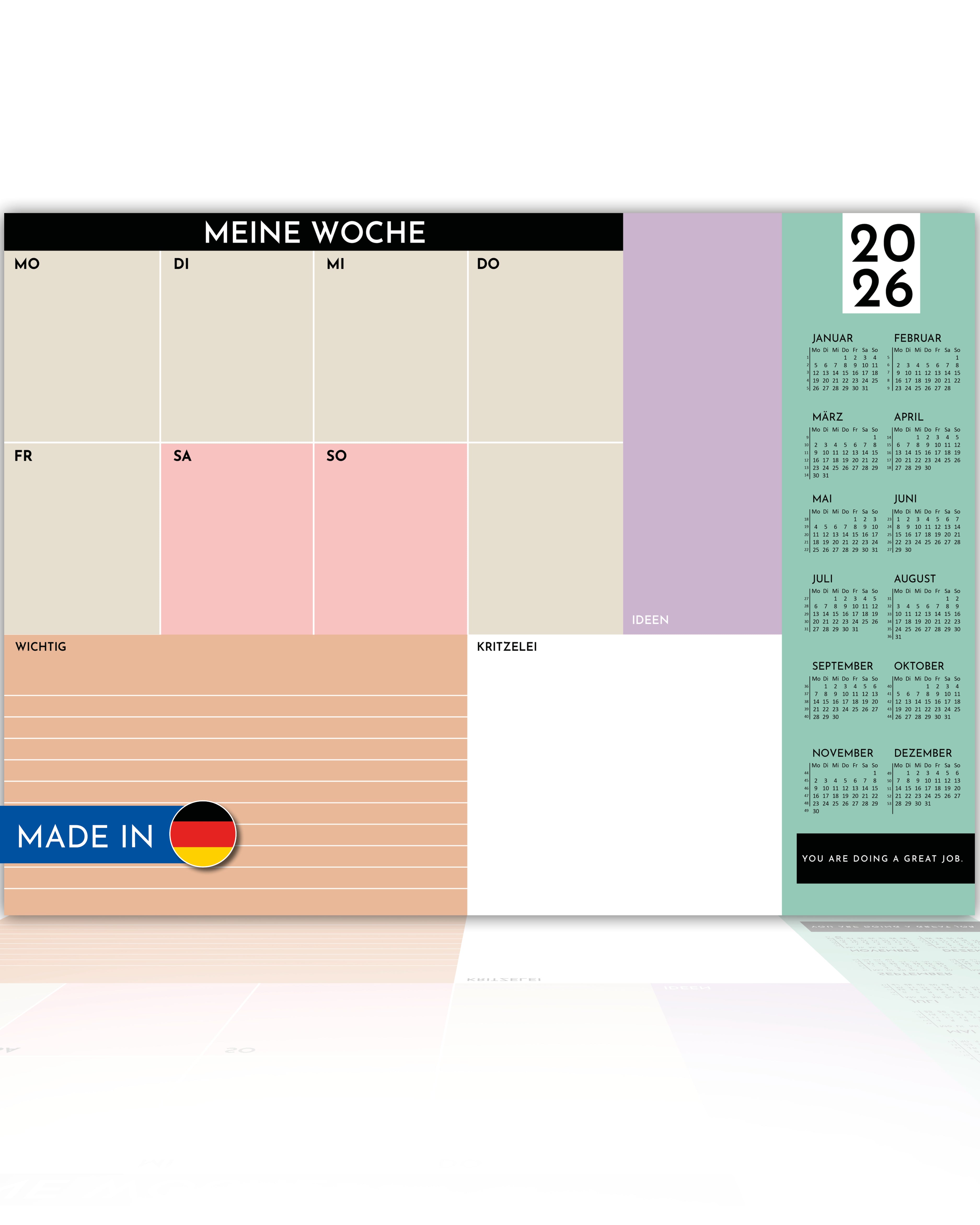 Wochenplaner Unterlage 2026 - Color Blocking Design - aus Papier & zum Abreißen mit 25 Blatt