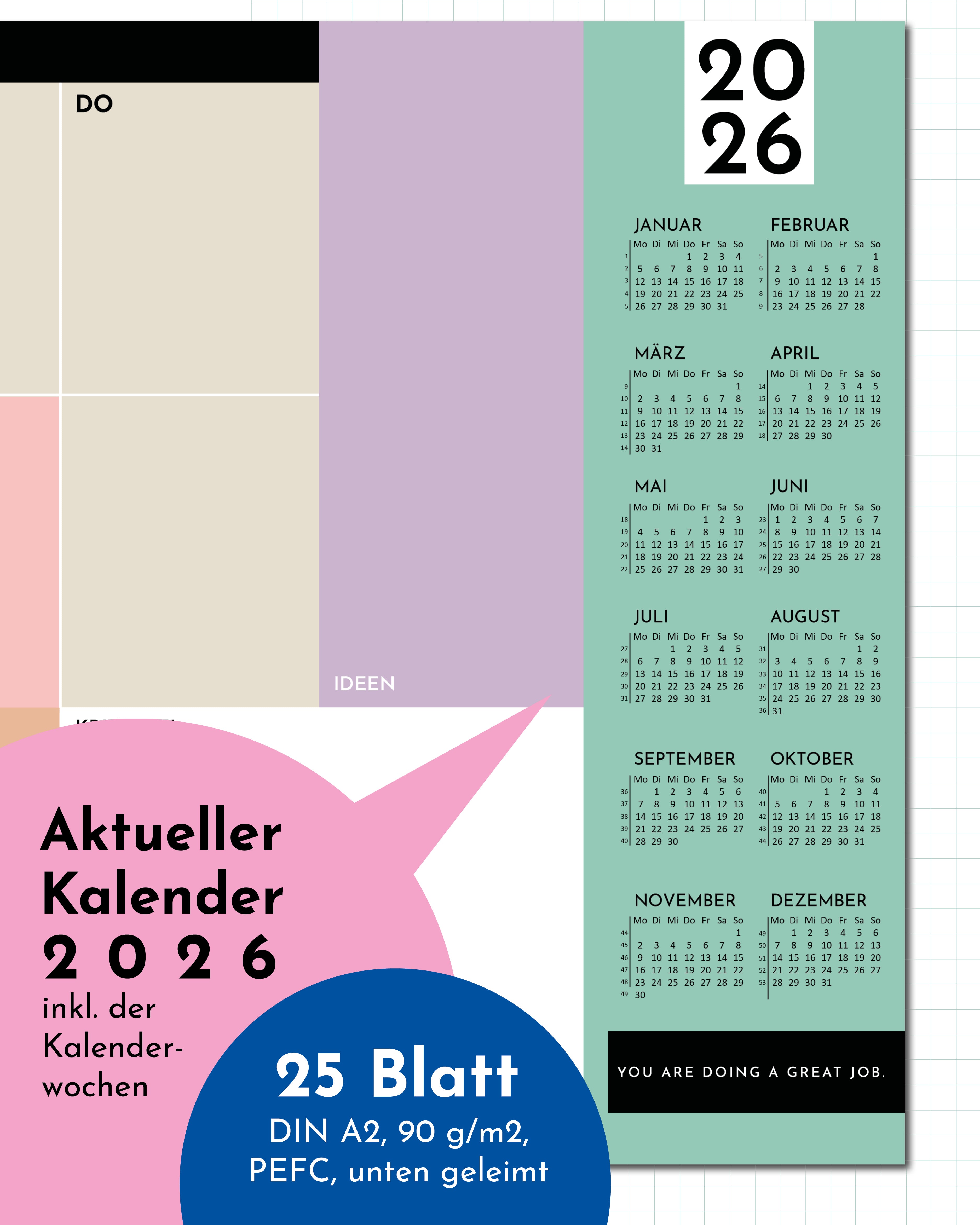 Wochenplaner Unterlage 2026 - Color Blocking Design - aus Papier & zum Abreißen mit 25 Blatt