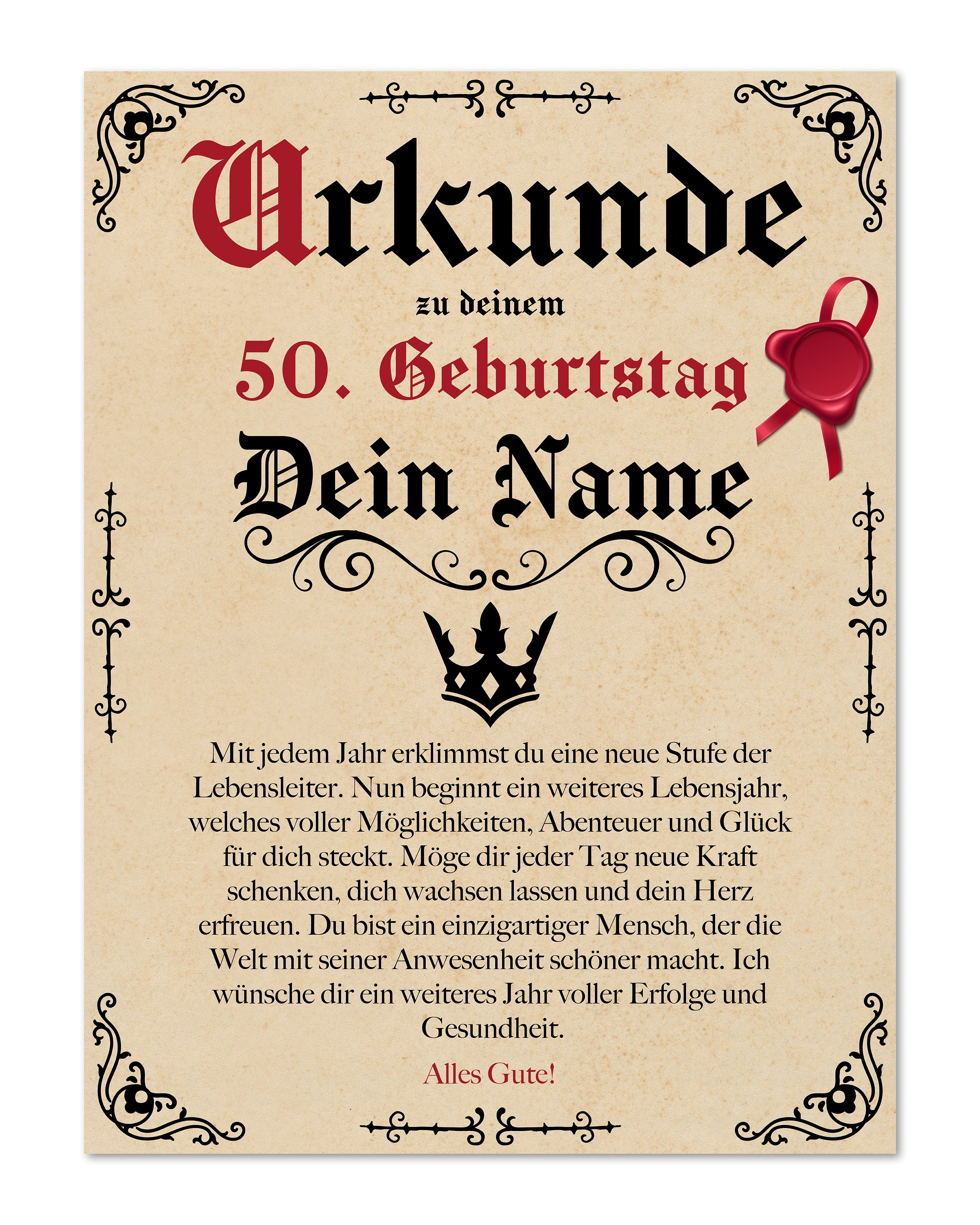 Birthday Certificate Personalizable with Age + Desired Name - Parchment Style Antique Vintage - 20x30 cm