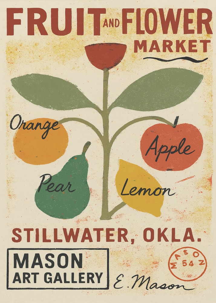 Vintage-Marktplakat mit Früchten an einer Pflanze und Schriftzug Fruit and Flower Market