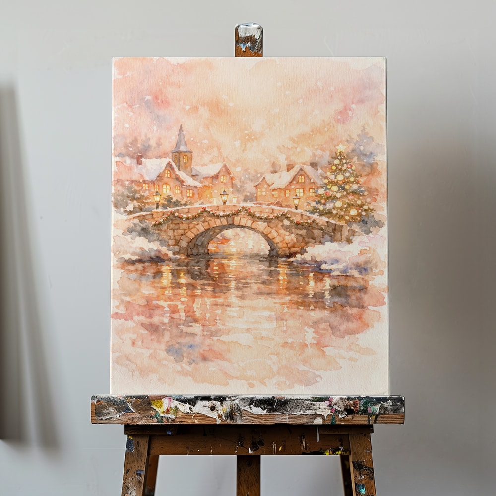 Aquarell eines verschneiten Weihnachtsdorfs mit Steinbrücke, Kirche und Lichtern am Fluss