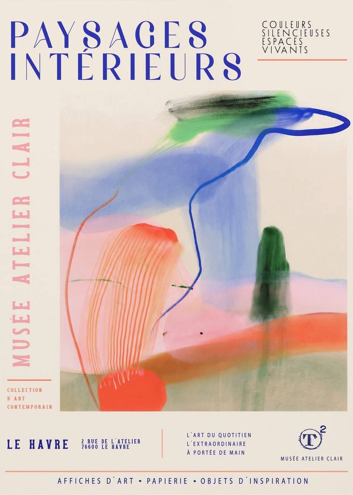 Ausstellungsplakat mit Schriftzug Paysages Intérieurs und bunten Pinselspuren