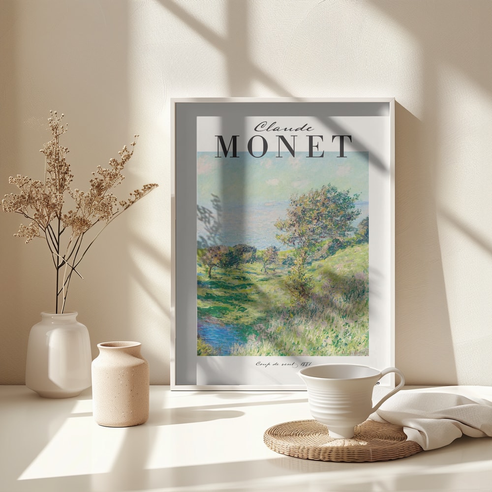 Ausstellungsplakat Claude Monet mit dem Gemälde Windstoß, schwarzer Schriftzug