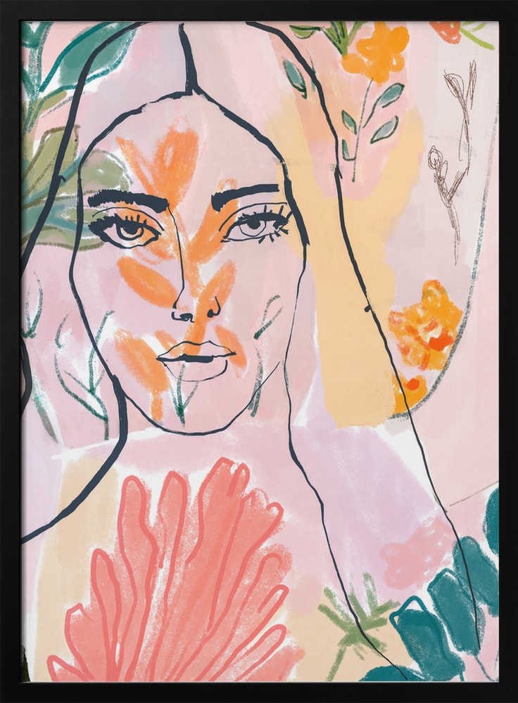 Linienzeichnung eines Frauengesichts zwischen rosa, orangen und grünen Blüten