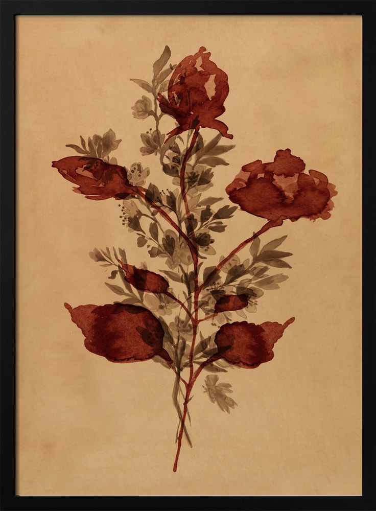 Gemalter Blumenzweig mit rostroten Blüten auf ockerfarbenem Papier
