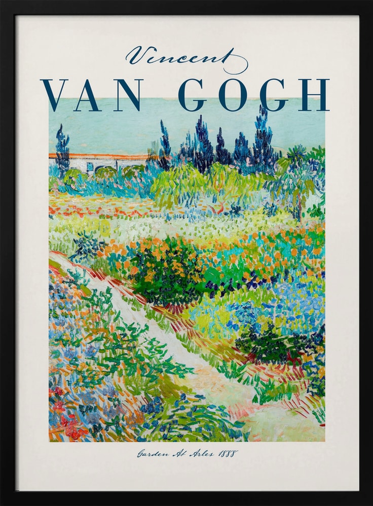 Ausstellungsplakat Vincent van Gogh mit dem Gemälde Garten in Arles, blauer Schriftzug oben