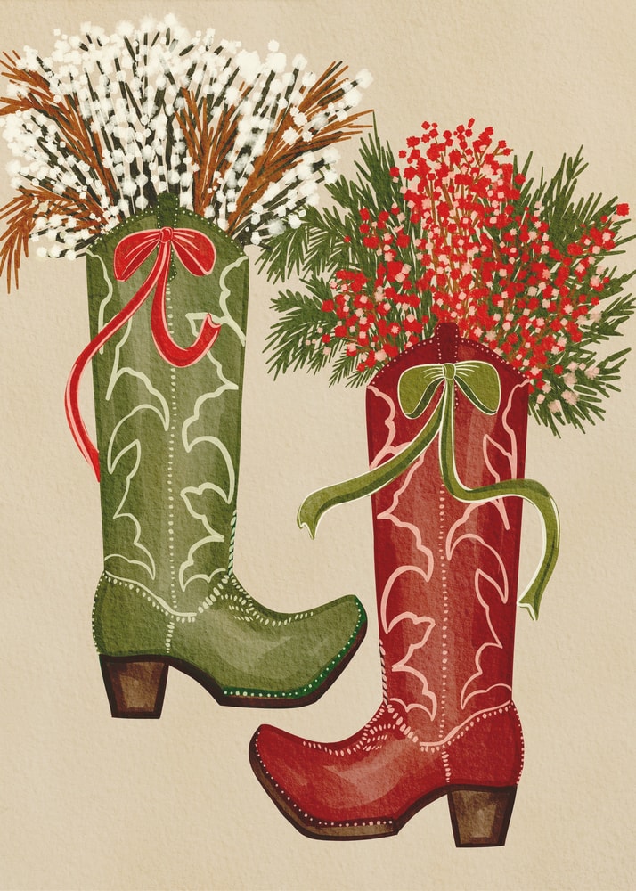 Illustration eines grünen und eines roten Cowboystiefels mit Beeren, Zweigen und Schleifen