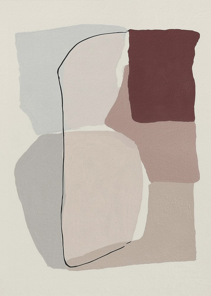 Abstrakte Flächen in Grau, Taupe und Bordeaux mit feiner schwarzer Linie