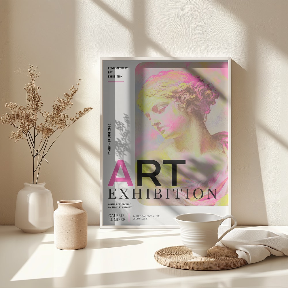 Ausstellungsplakat mit antiker Büste in Pink und Gelb und Schriftzug Art Exhibition