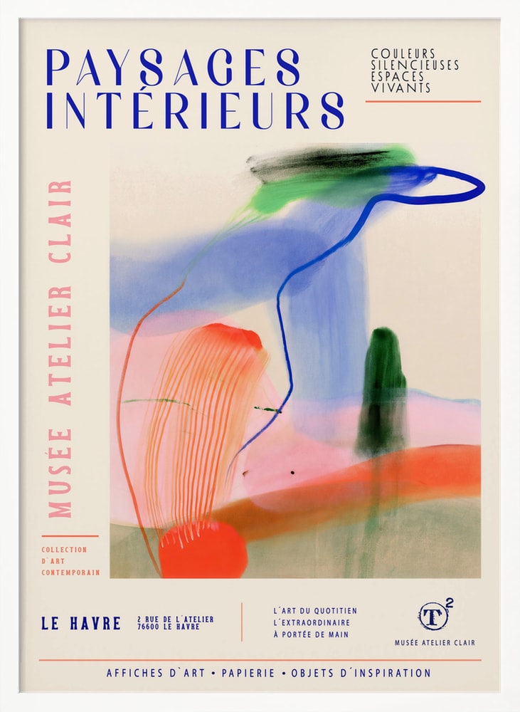 Ausstellungsplakat mit Schriftzug Paysages Intérieurs und bunten Pinselspuren