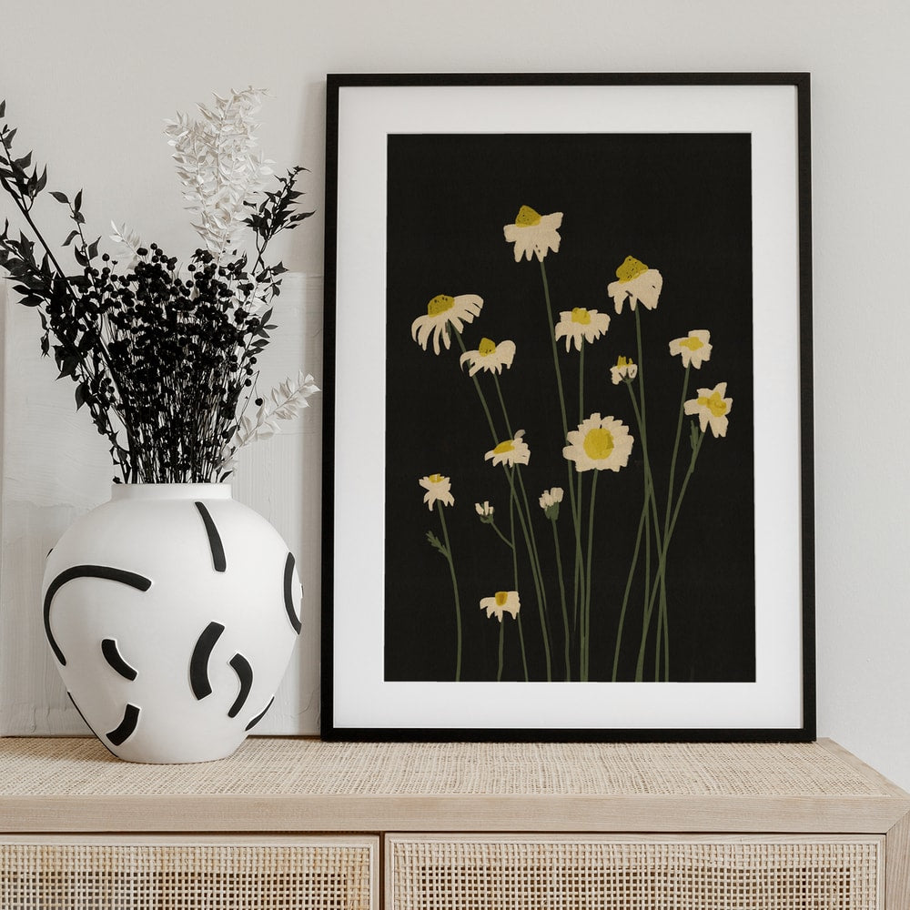 Illustration weißer Gänseblümchen an langen Stielen auf schwarzem Hintergrund