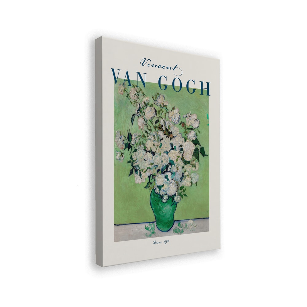 Ausstellungsplakat Vincent van Gogh mit weißen Rosen in grüner Vase, blauer Schriftzug
