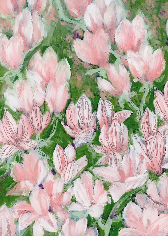 Gemälde vieler rosa Blüten auf grünem Hintergrund