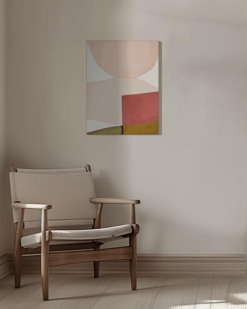 Abstrakte Komposition aus Bögen und Flächen in Rosé, Terrakotta und Olivgrün