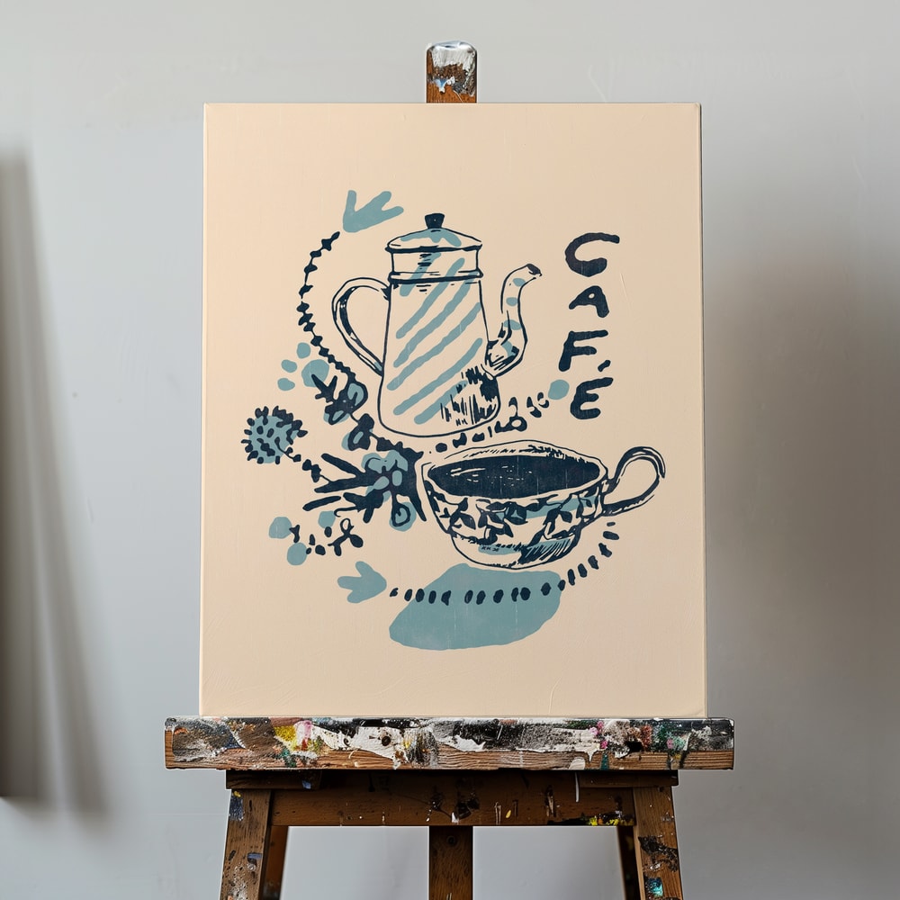 Handgezeichnete Kaffeekanne und Tasse in Blau auf cremefarbenem Hintergrund mit Schriftzug Café