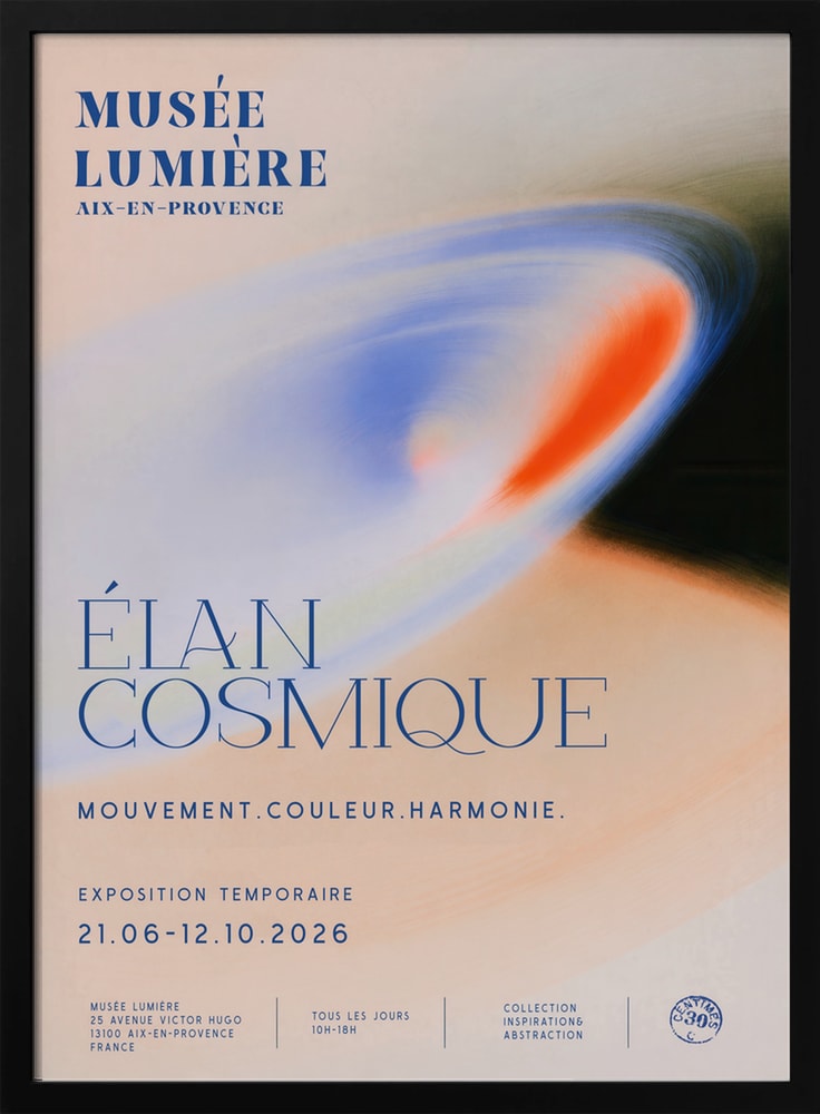 Ausstellungsplakat Élan Cosmique mit weichem Farbwirbel in Blau, Orange und Rosé