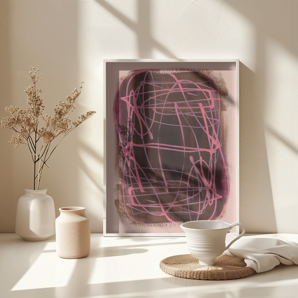 Abstraktes Knäuel aus pinken Linien auf dunkelbraunem Feld mit rosa Rand