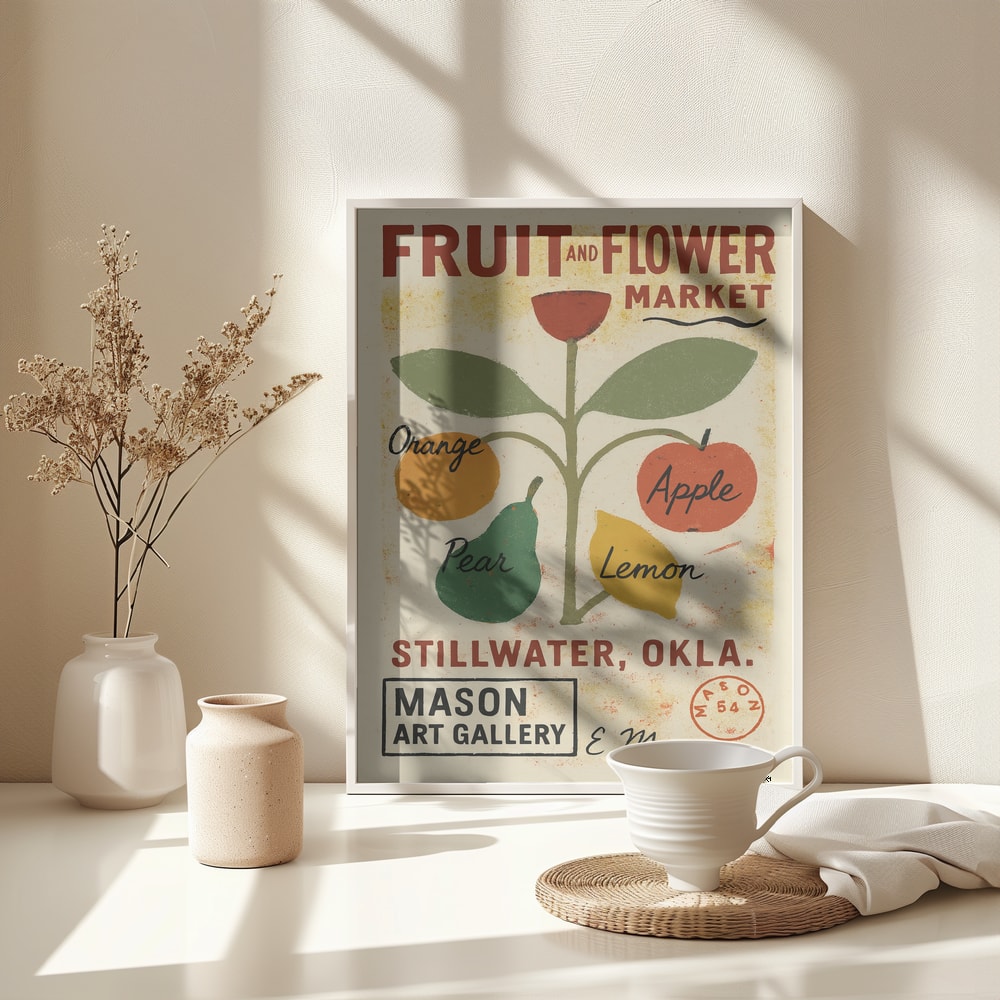 Vintage-Marktplakat mit Früchten an einer Pflanze und Schriftzug Fruit and Flower Market