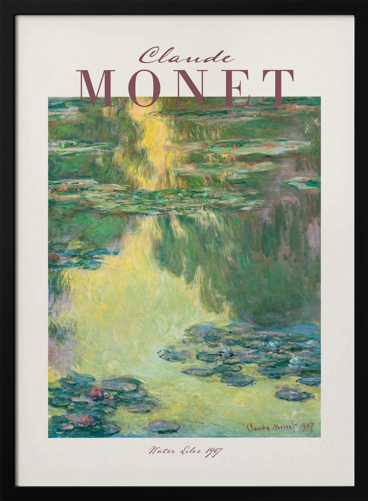Ausstellungsplakat Claude Monet mit Seerosen auf grünem Wasser, roséfarbener Schriftzug