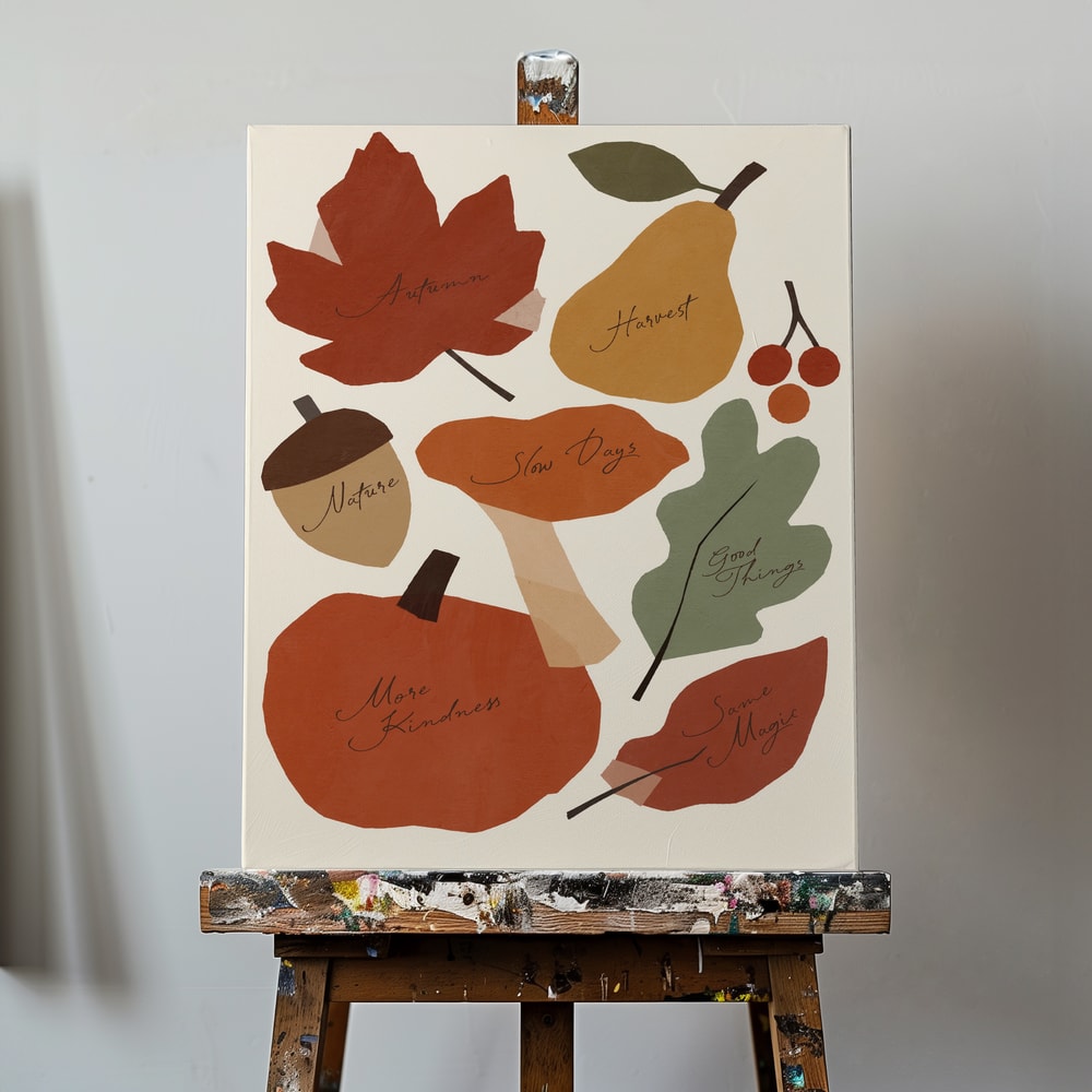Herbstmotiv mit Ahornblatt, Birne, Eichel, Pilz und Kürbis und handgeschriebenen Worten