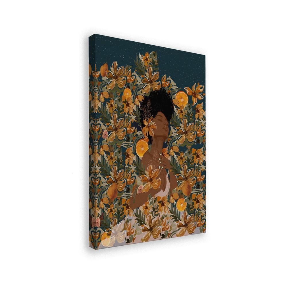 Illustration einer Frau mit geschlossenen Augen zwischen orangen Blüten und Orangen unter einem Sternenhimmel