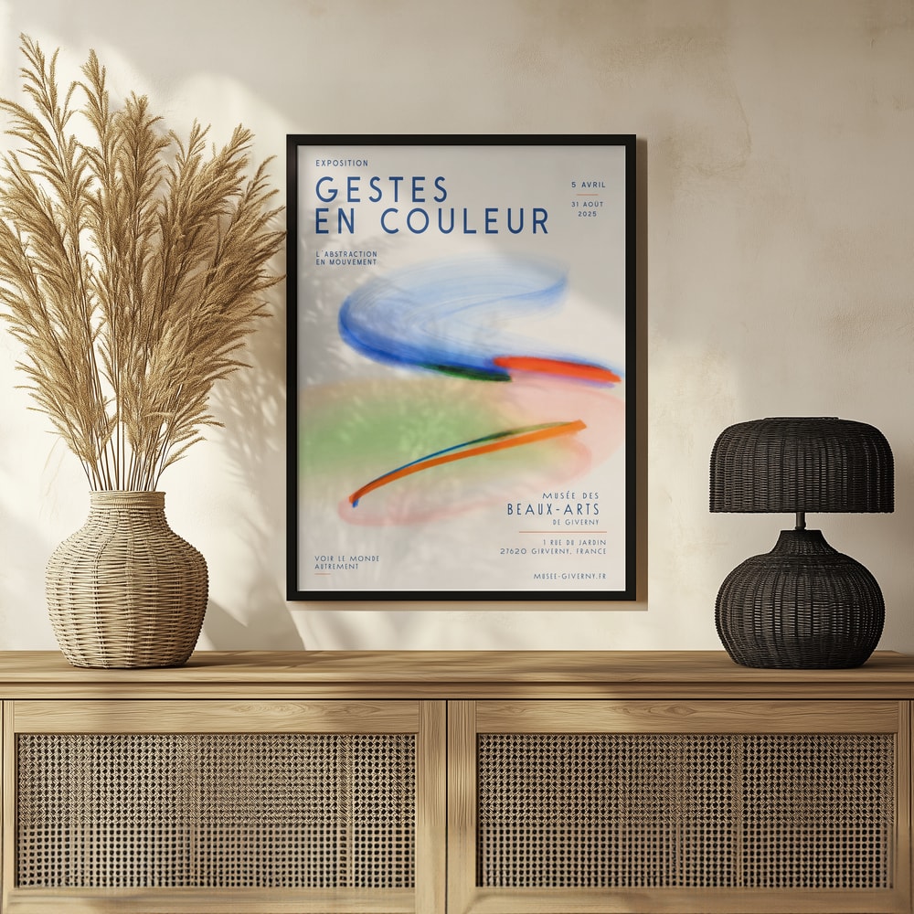 Ausstellungsplakat Gestes en Couleur mit schwungvollen Pinselstrichen in Blau, Orange und Grün
