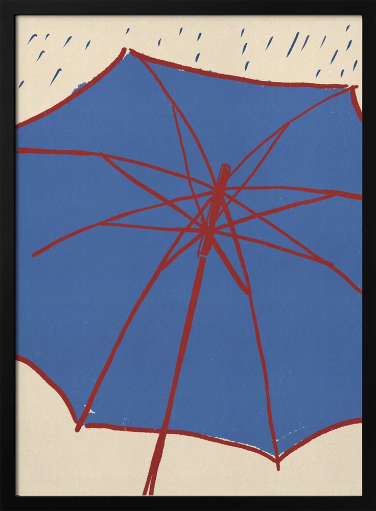 Illustration eines blauen Regenschirms mit roten Streben und Regentropfen auf hellem Hintergrund