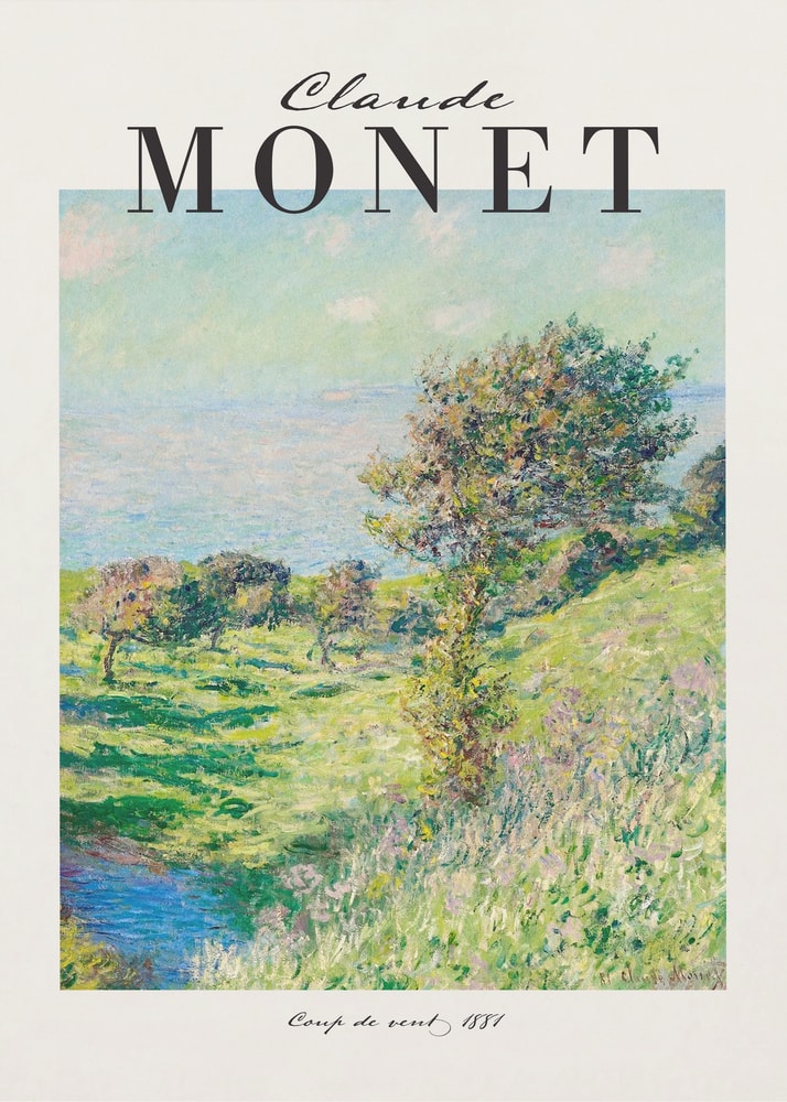 Ausstellungsplakat Claude Monet mit dem Gemälde Windstoß, schwarzer Schriftzug