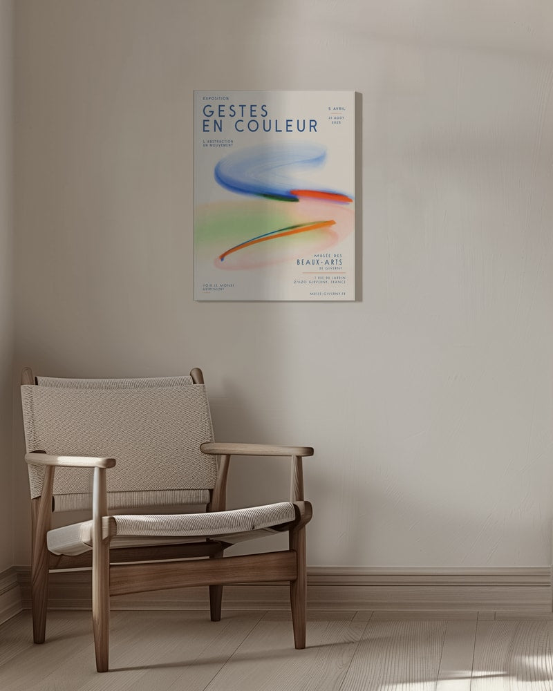 Ausstellungsplakat Gestes en Couleur mit schwungvollen Pinselstrichen in Blau, Orange und Grün