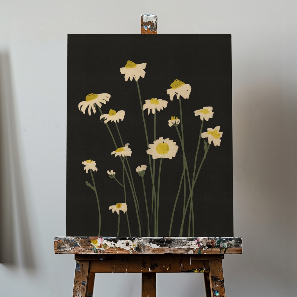 Illustration weißer Gänseblümchen an langen Stielen auf schwarzem Hintergrund