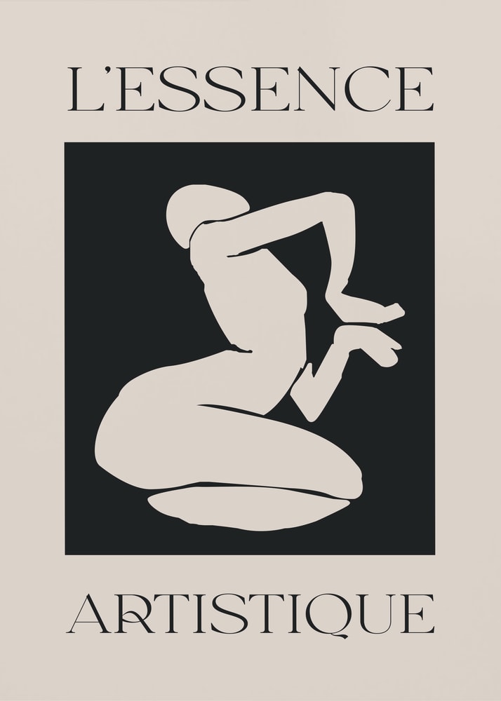 Helle kniende Figur im Scherenschnitt-Stil auf schwarzem Feld mit Schriftzug L'Essence Artistique