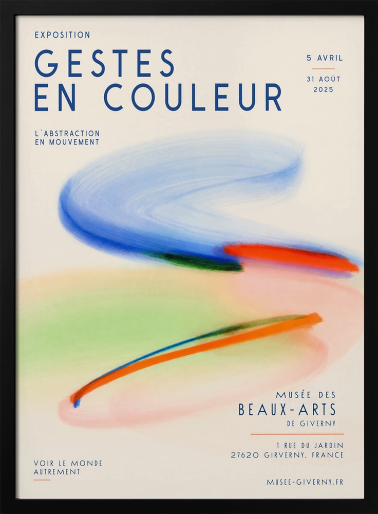 Ausstellungsplakat Gestes en Couleur mit schwungvollen Pinselstrichen in Blau, Orange und Grün
