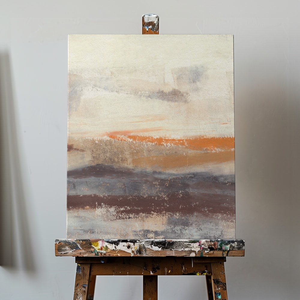 Abstrakte Malerei mit horizontalen Pinselstrichen in Creme, Taupe, Orange und Pflaume