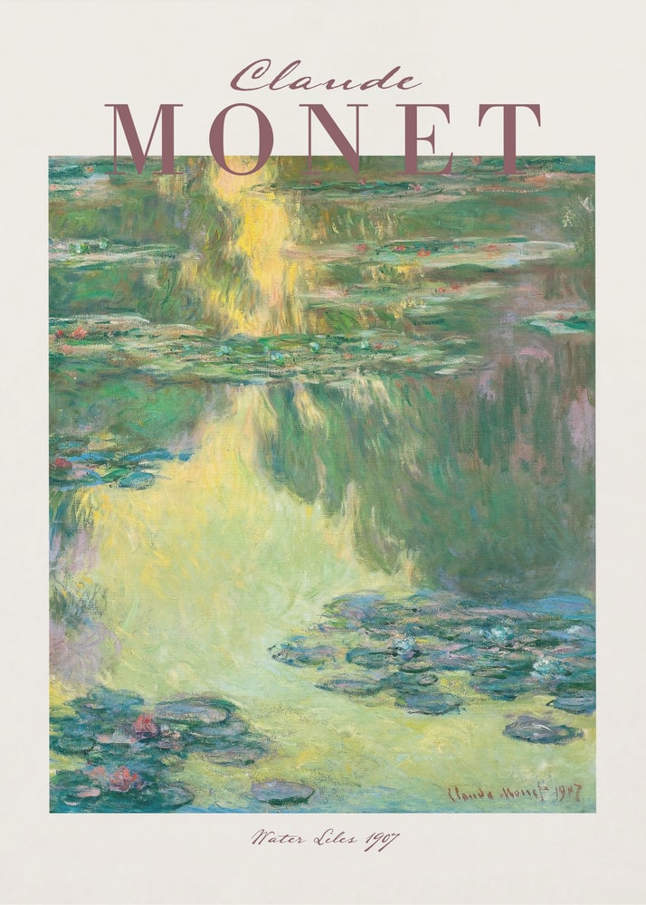 Ausstellungsplakat Claude Monet mit Seerosen auf grünem Wasser, roséfarbener Schriftzug